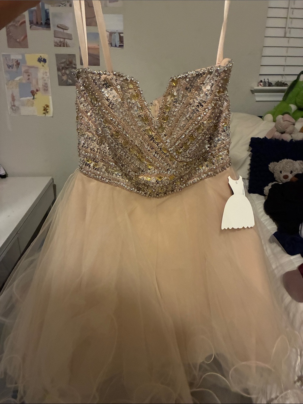 Strapless Sequin Tulle Dress in Champagne Pink